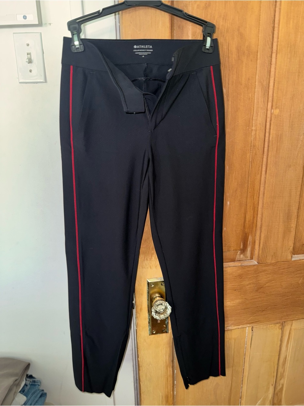 Athleta Black Chinos with Red Side Stripe